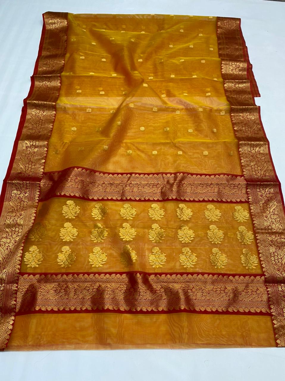 Handwoven Gold Pirate Gold Color Organza Chanderi Katan Silk Saree - Authentic Chanderi silk sarees Chanderi Saree - View 2
