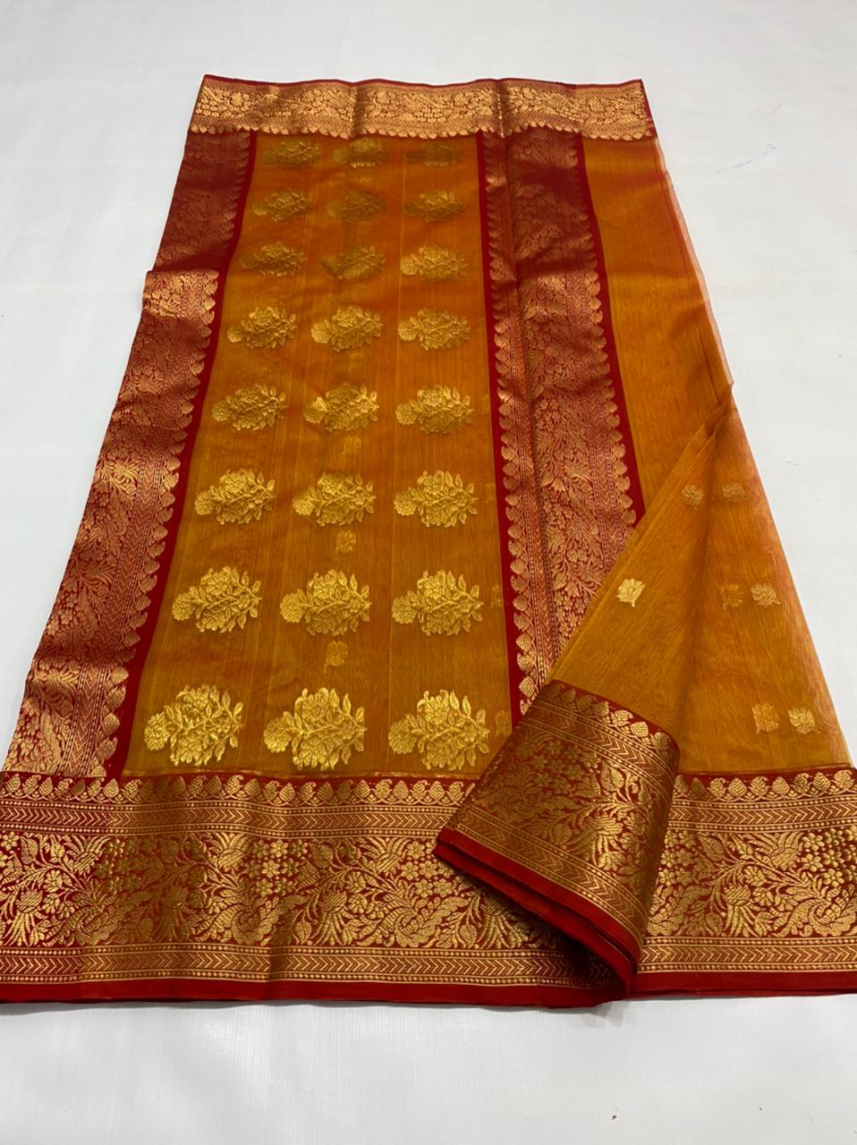 Handwoven Gold Pirate Gold Color Organza Chanderi Katan Silk Saree - Authentic Chanderi silk sarees Chanderi Saree - View 3
