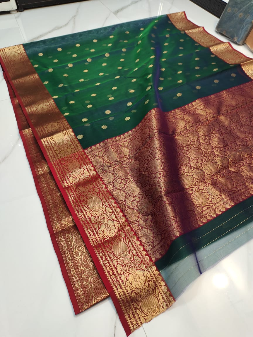 Handwoven Plantation Color Organza Chanderi Katan Silk Saree - Authentic Chanderi silk sarees Chanderi Saree - View 1