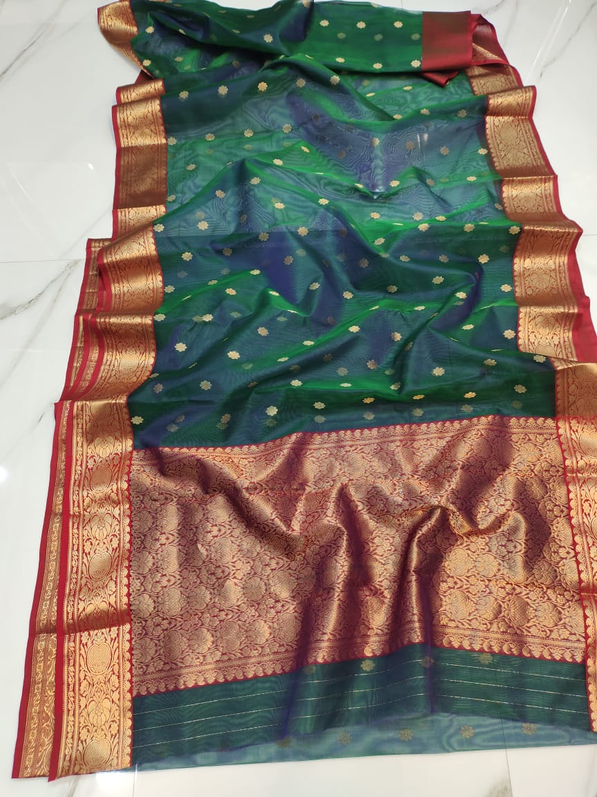 Handwoven Plantation Color Organza Chanderi Katan Silk Saree - Authentic Chanderi silk sarees Chanderi Saree - View 2
