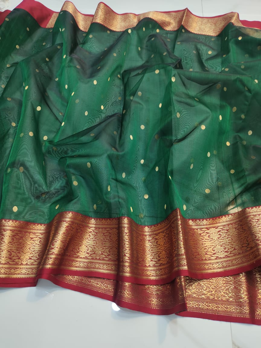 Handwoven Plantation Color Organza Chanderi Katan Silk Saree - Authentic Chanderi silk sarees Chanderi Saree - View 2