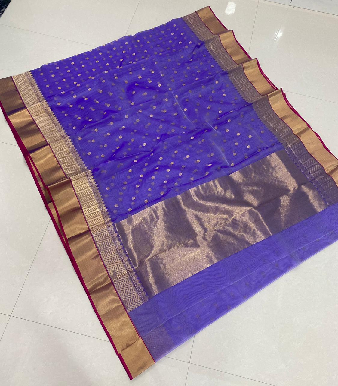 Handwoven Purple Plump Purple Color Organza Chanderi Katan Silk Saree - Authentic Chanderi silk sarees Chanderi Saree - View 1