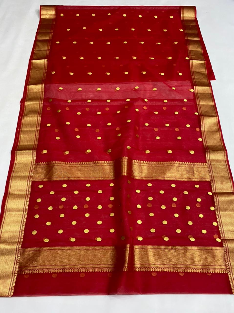 Handwoven Pohutukawa Color Organza Chanderi Katan Silk Saree - Authentic Chanderi silk sarees Chanderi Saree
