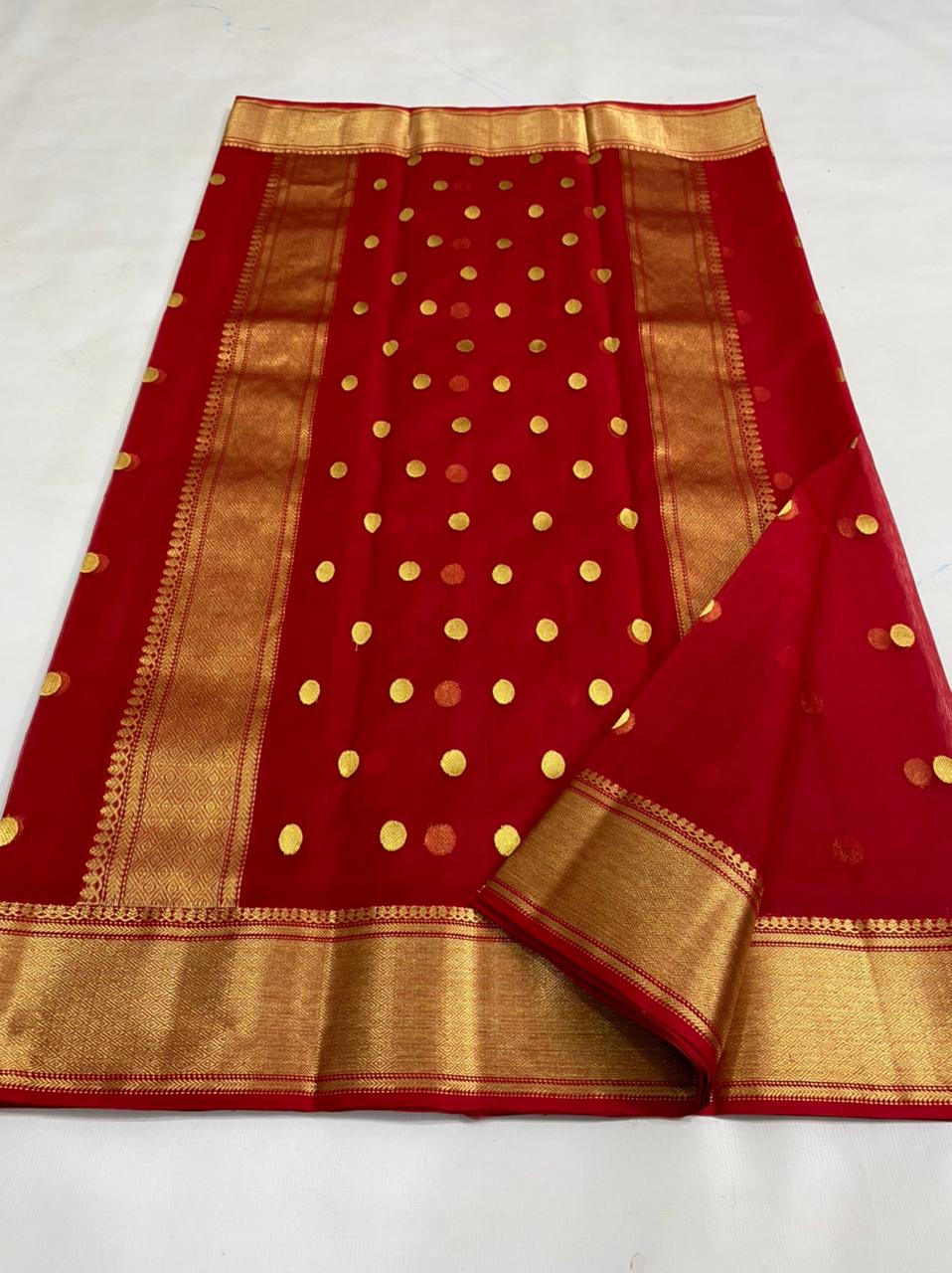 Handwoven Pohutukawa Color Organza Chanderi Katan Silk Saree - Authentic Chanderi silk sarees Chanderi Saree - View 2