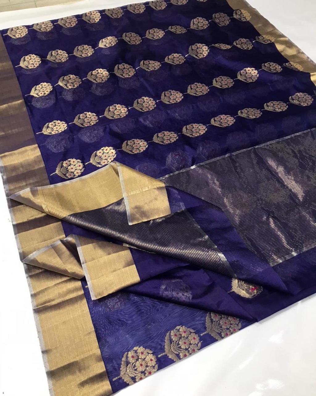 Handwoven Port Gore Color Chanderi Pattu Silk Saree - Authentic Chanderi silk sarees Chanderi Saree - View 1