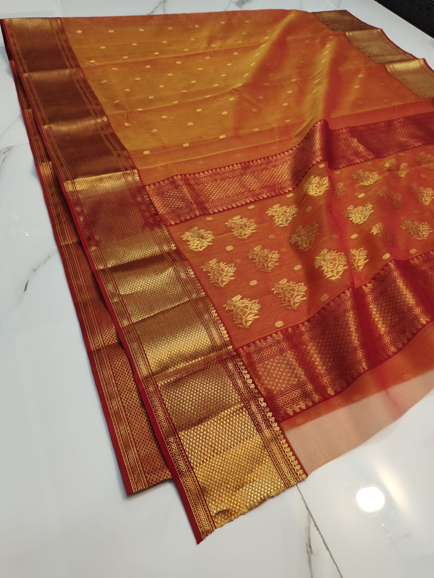 Handwoven Prairie Sand Color Organza Chanderi Katan Silk Saree - Authentic Chanderi silk sarees Chanderi Saree - View 1