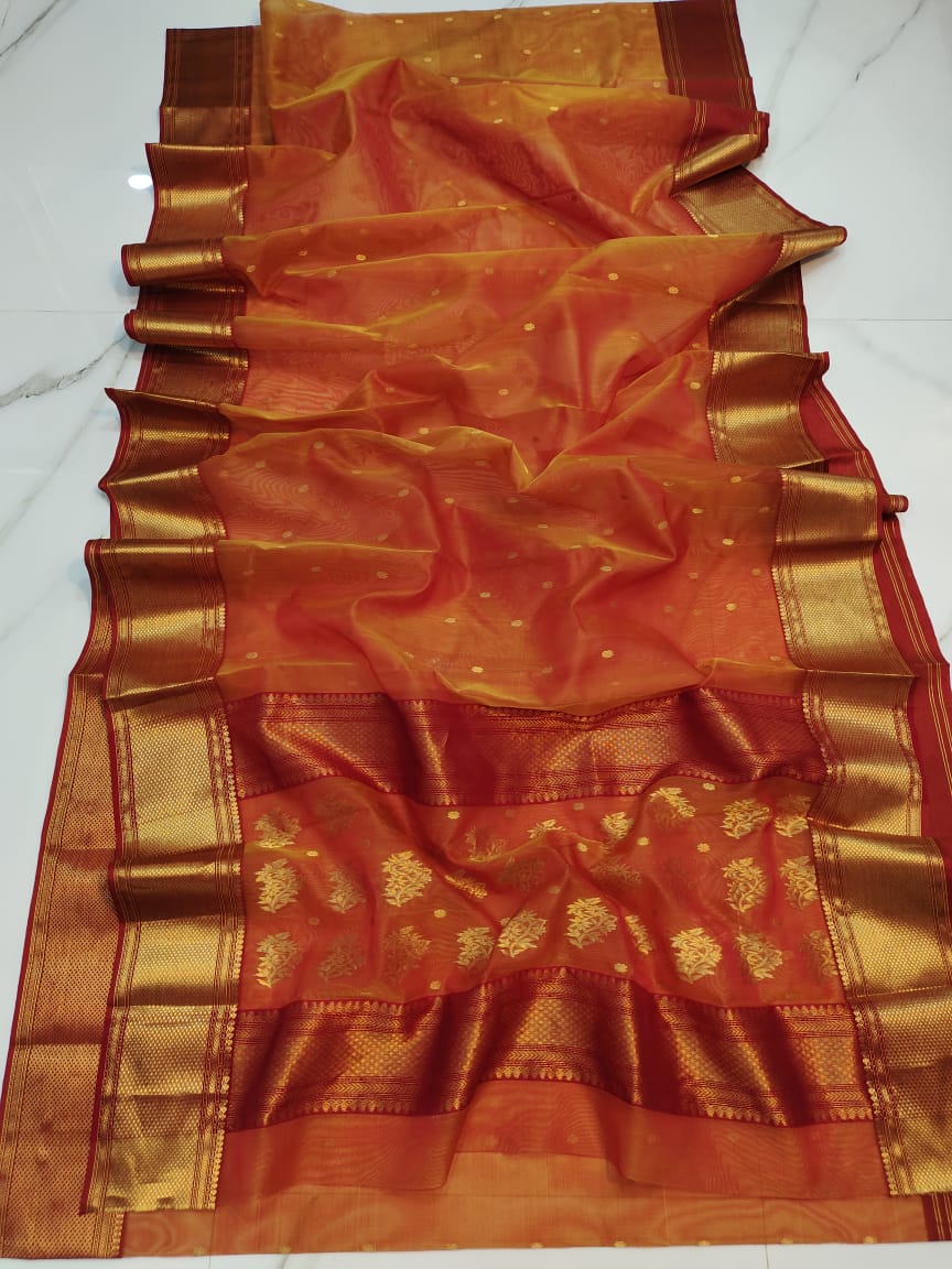 Handwoven Prairie Sand Color Organza Chanderi Katan Silk Saree - Authentic Chanderi silk sarees Chanderi Saree - View 2
