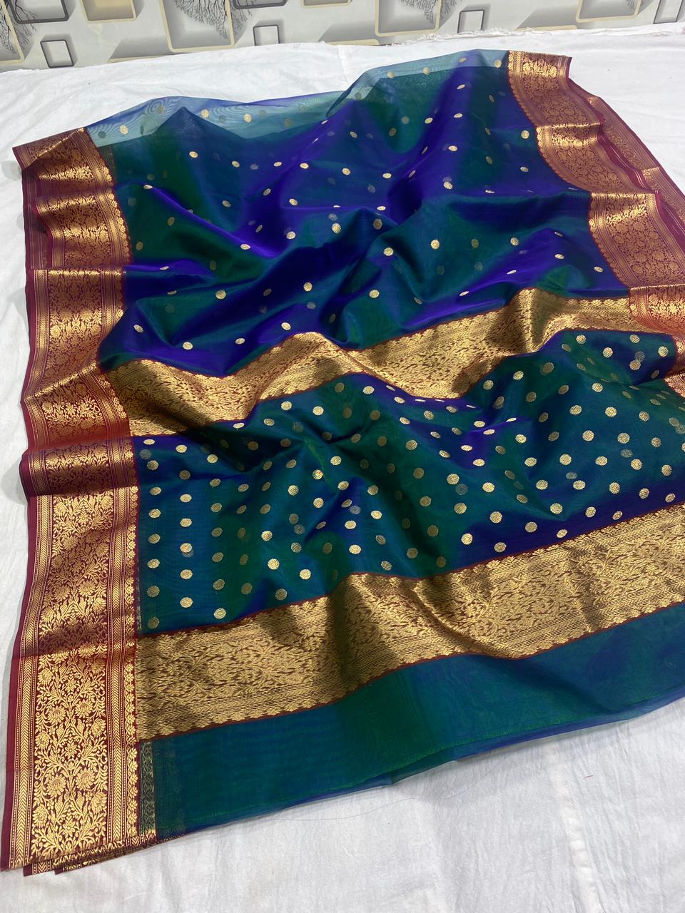 Handwoven Blue Prussian Blue Color Organza Chanderi Katan Silk Saree - Authentic Chanderi silk sarees Chanderi Saree