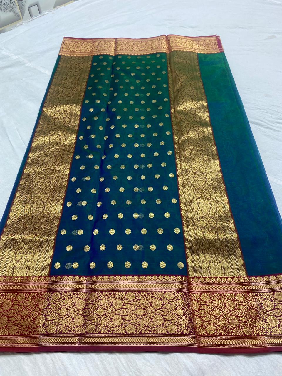 Handwoven Blue Prussian Blue Color Organza Chanderi Katan Silk Saree - Authentic Chanderi silk sarees Chanderi Saree - View 2