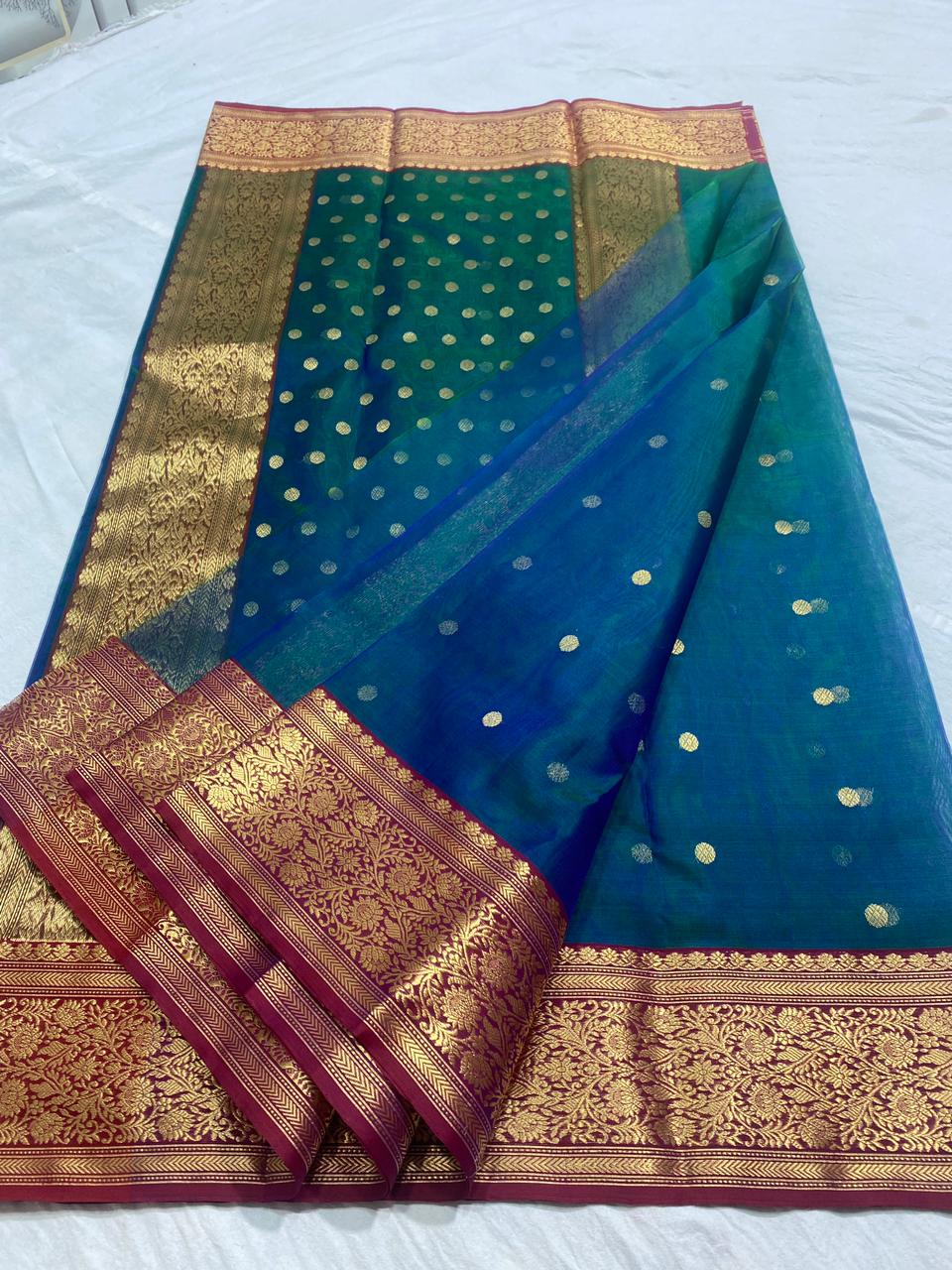 Handwoven Blue Prussian Blue Color Organza Chanderi Katan Silk Saree - Authentic Chanderi silk sarees Chanderi Saree - View 3
