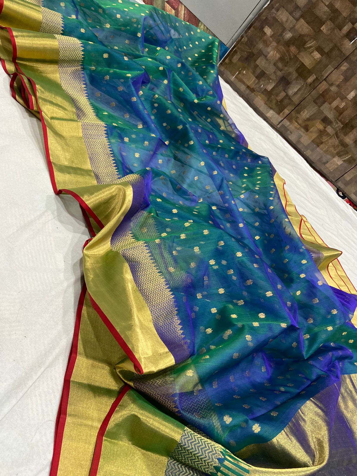 Handwoven Blue Prussian Blue Color Organza Chanderi Katan Silk Saree - Authentic Chanderi silk sarees Chanderi Saree - View 2