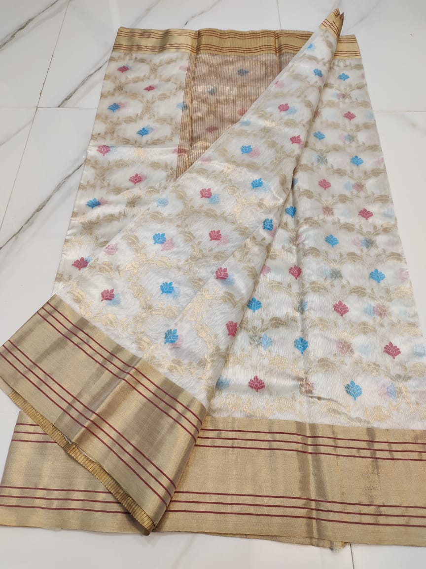 Handwoven Pumice Color Chanderi Pattu Silk Saree - Authentic Chanderi silk sarees Chanderi Saree