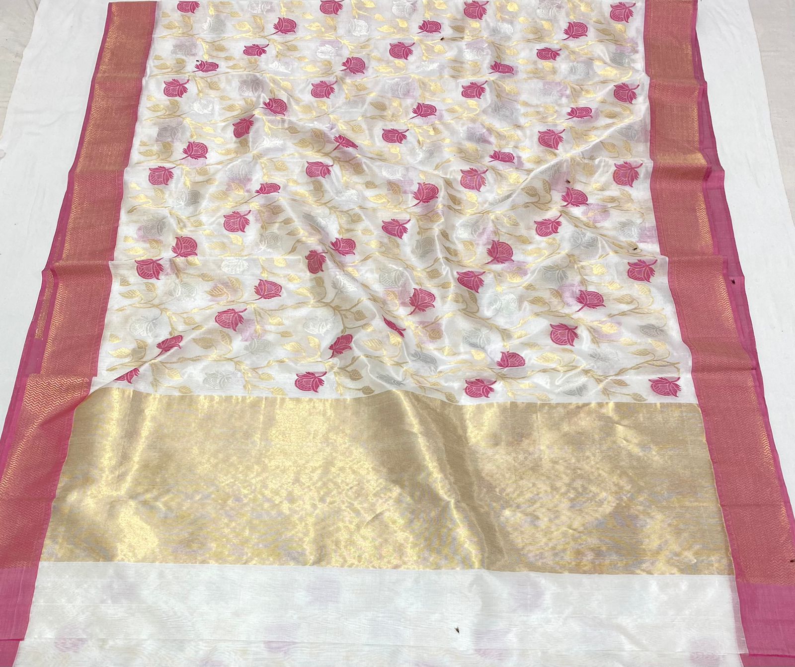 Handwoven Quill Gray Color Chanderi Pattu Silk Saree - Authentic Chanderi silk sarees Chanderi Saree - View 1
