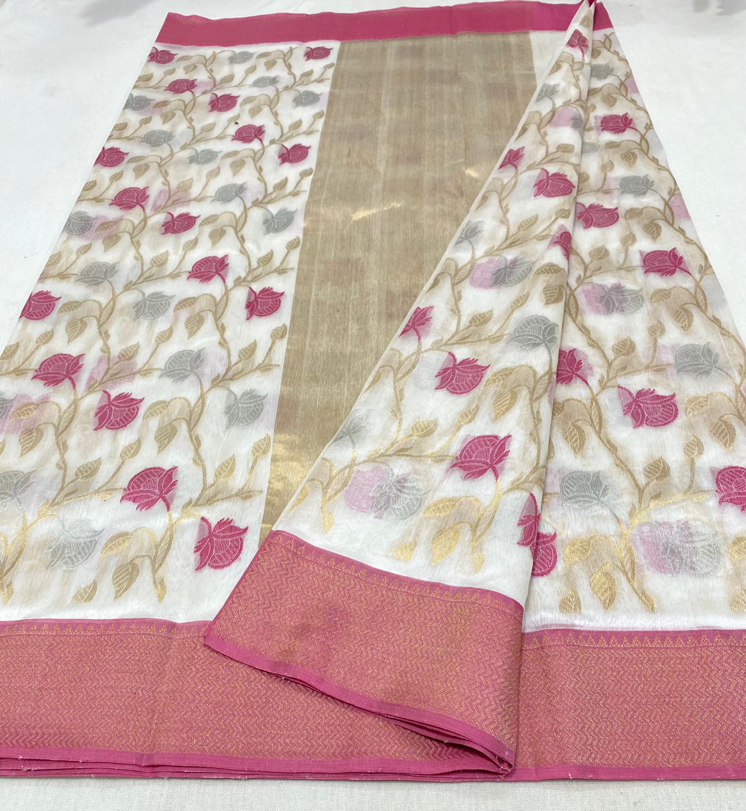 Handwoven Quill Gray Color Chanderi Pattu Silk Saree - Authentic Chanderi silk sarees Chanderi Saree - View 3