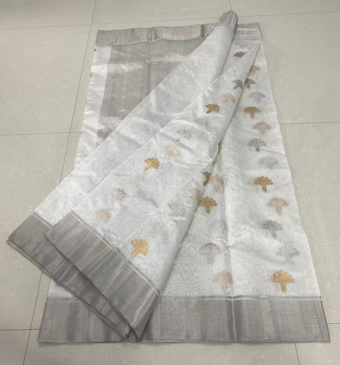 Handwoven Quill Gray Color Chanderi Pattu Silk Saree - Authentic Chanderi silk sarees Chanderi Saree - View 1