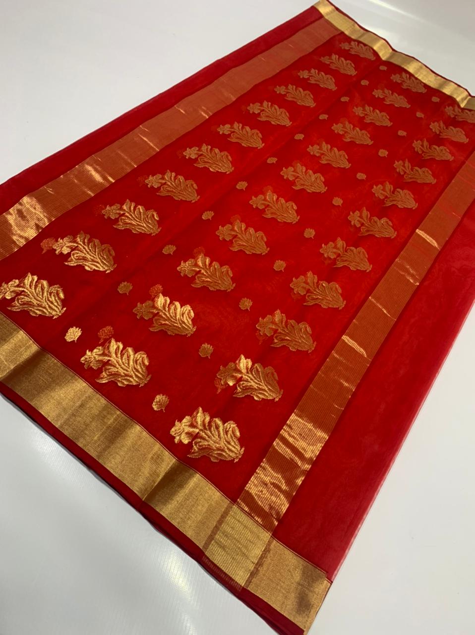 Handwoven Red Red Berry Color Organza Chanderi Katan Silk Saree - Authentic Chanderi silk sarees Chanderi Saree