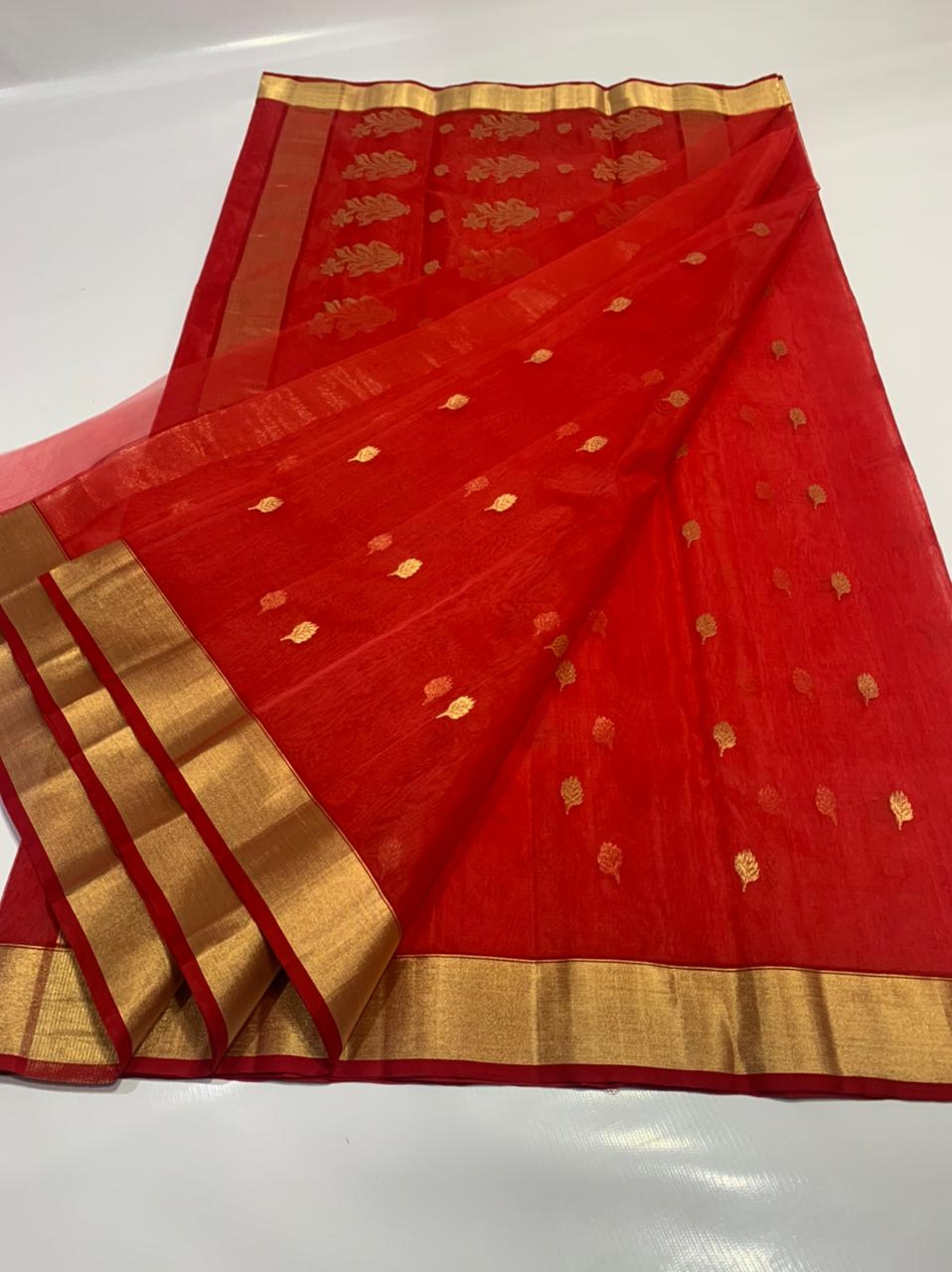 Handwoven Red Red Berry Color Organza Chanderi Katan Silk Saree - Authentic Chanderi silk sarees Chanderi Saree - View 2