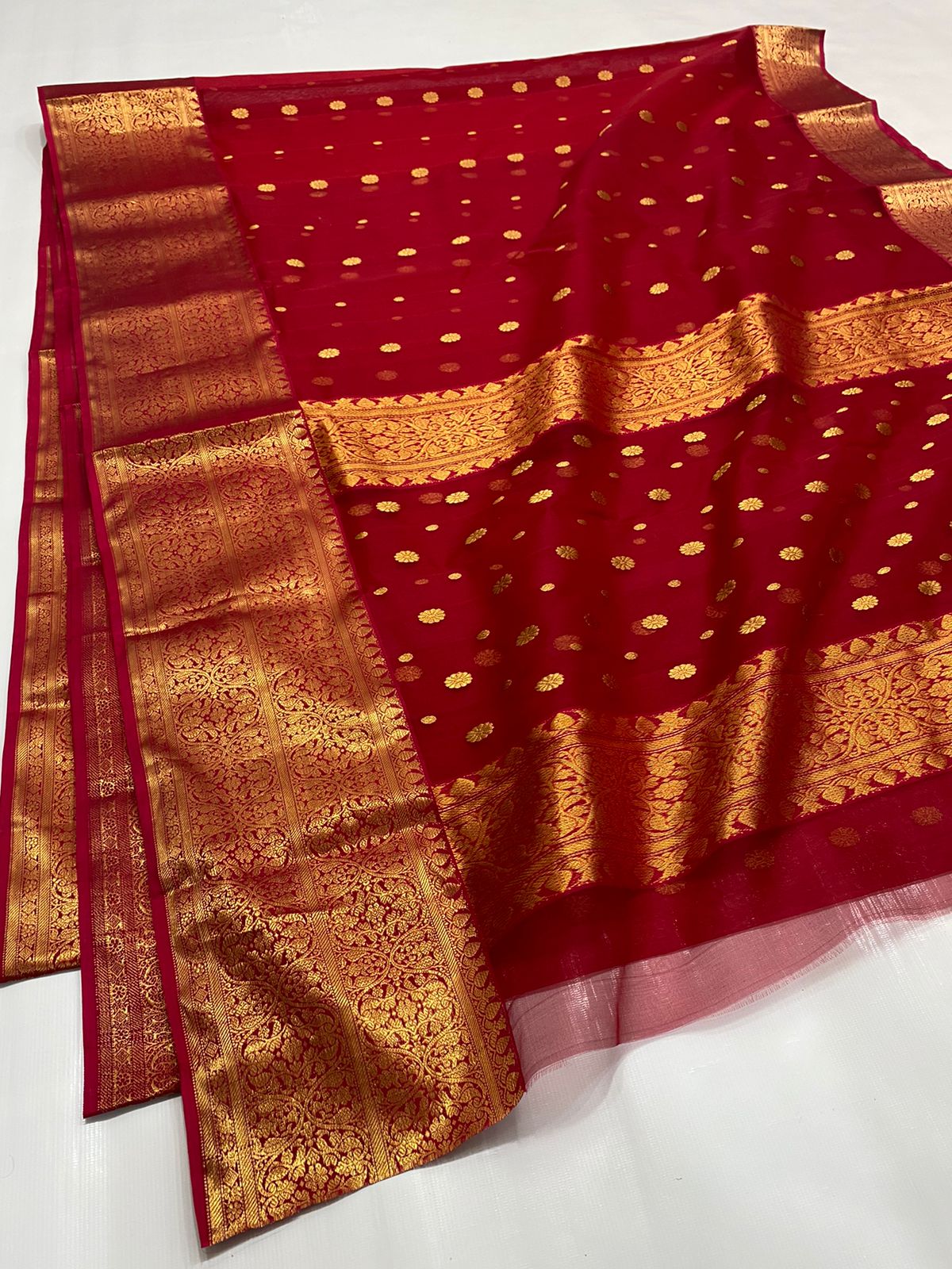 Handwoven Red Red Berry Color Organza Chanderi Katan Silk Saree - Authentic Chanderi silk sarees Chanderi Saree