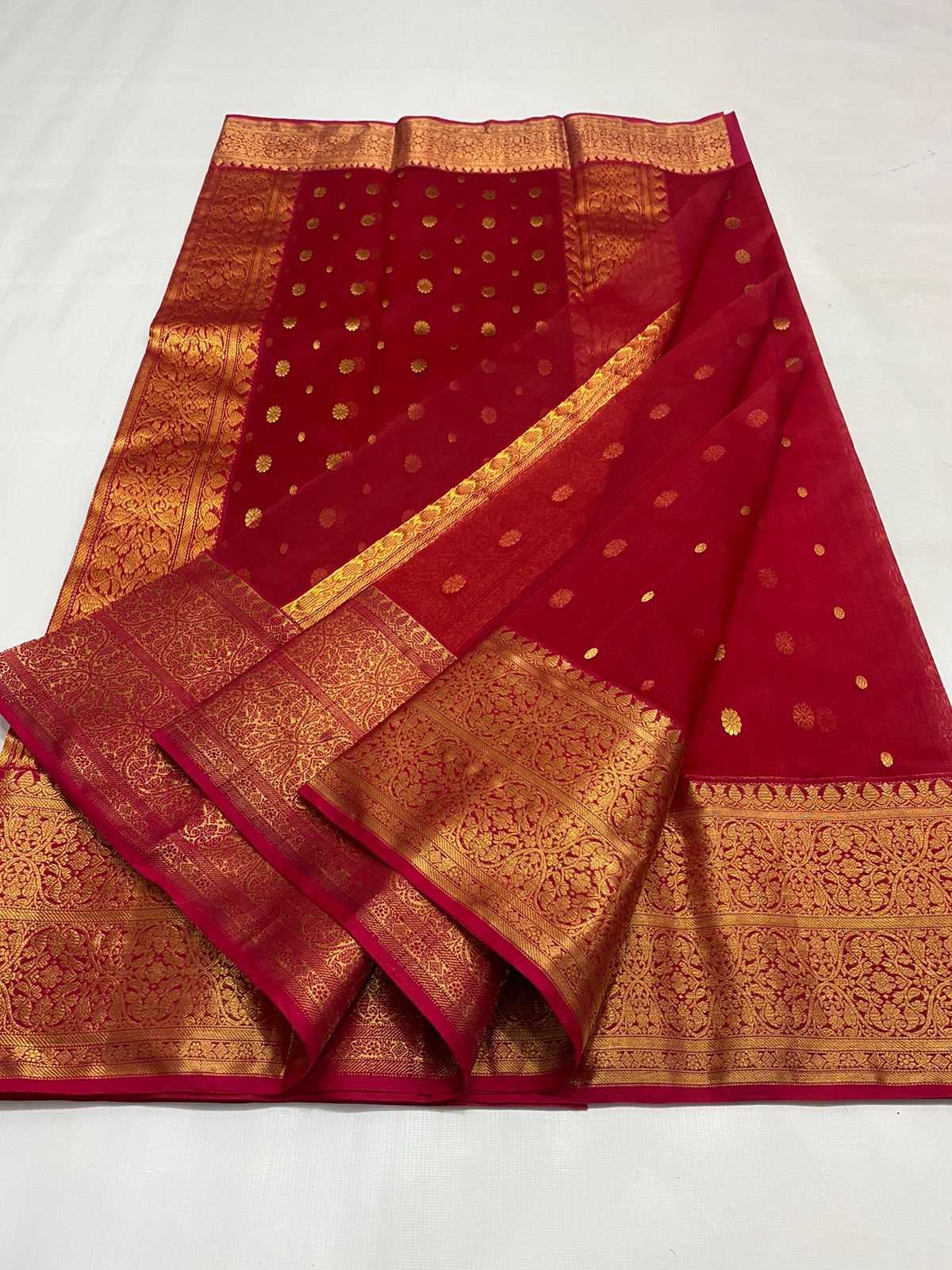 Handwoven Red Red Berry Color Organza Chanderi Katan Silk Saree - Authentic Chanderi silk sarees Chanderi Saree - View 2
