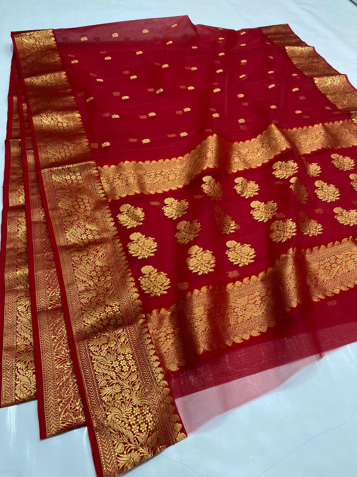 Handwoven Red Red Devil Color Organza Chanderi Katan Silk Saree - Authentic Chanderi silk sarees Chanderi Saree