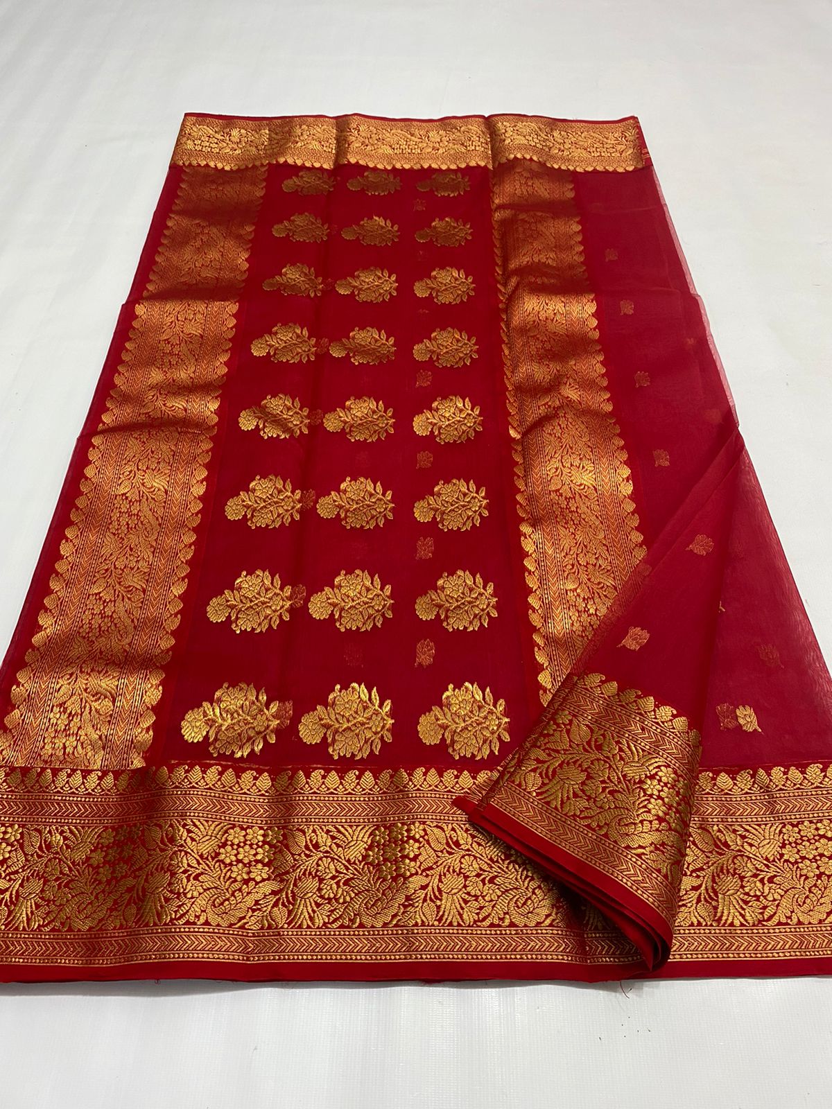 Handwoven Red Red Devil Color Organza Chanderi Katan Silk Saree - Authentic Chanderi silk sarees Chanderi Saree - View 3