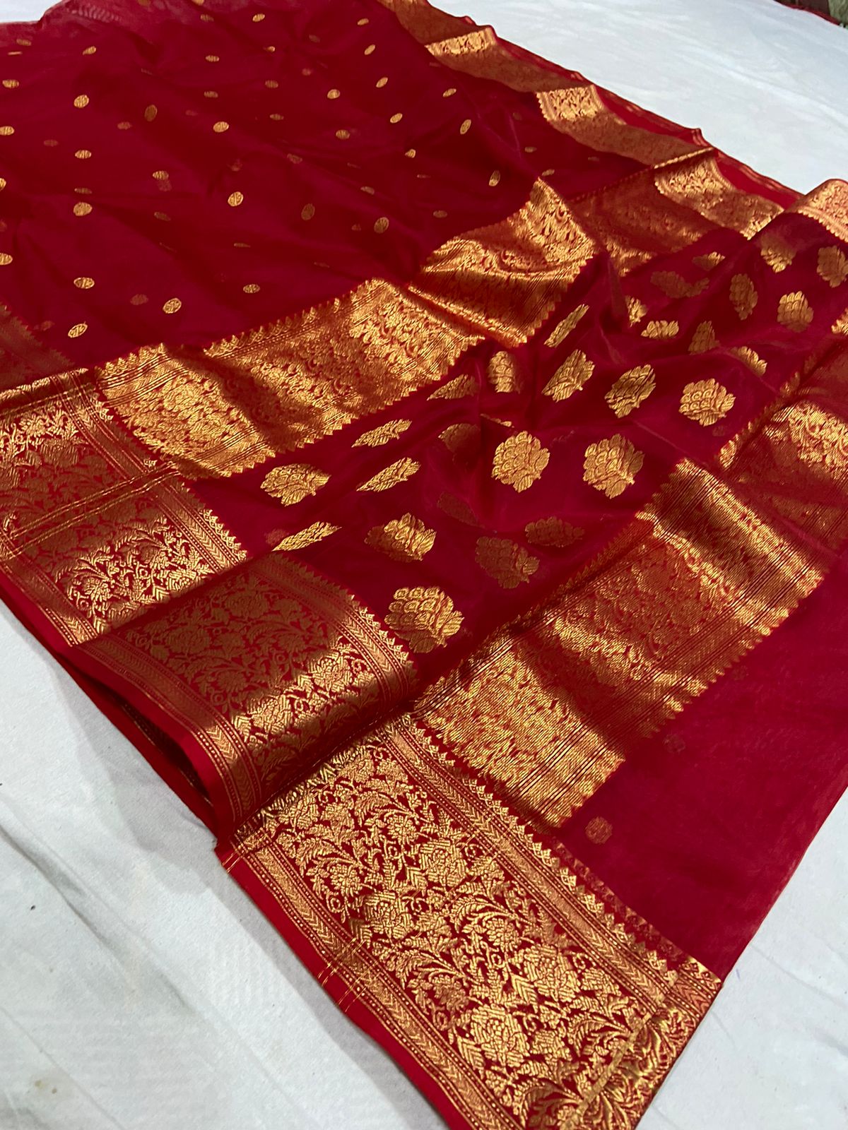 Handwoven Red Red Devil Color Organza Chanderi Katan Silk Saree - Authentic Chanderi silk sarees Chanderi Saree - View 2