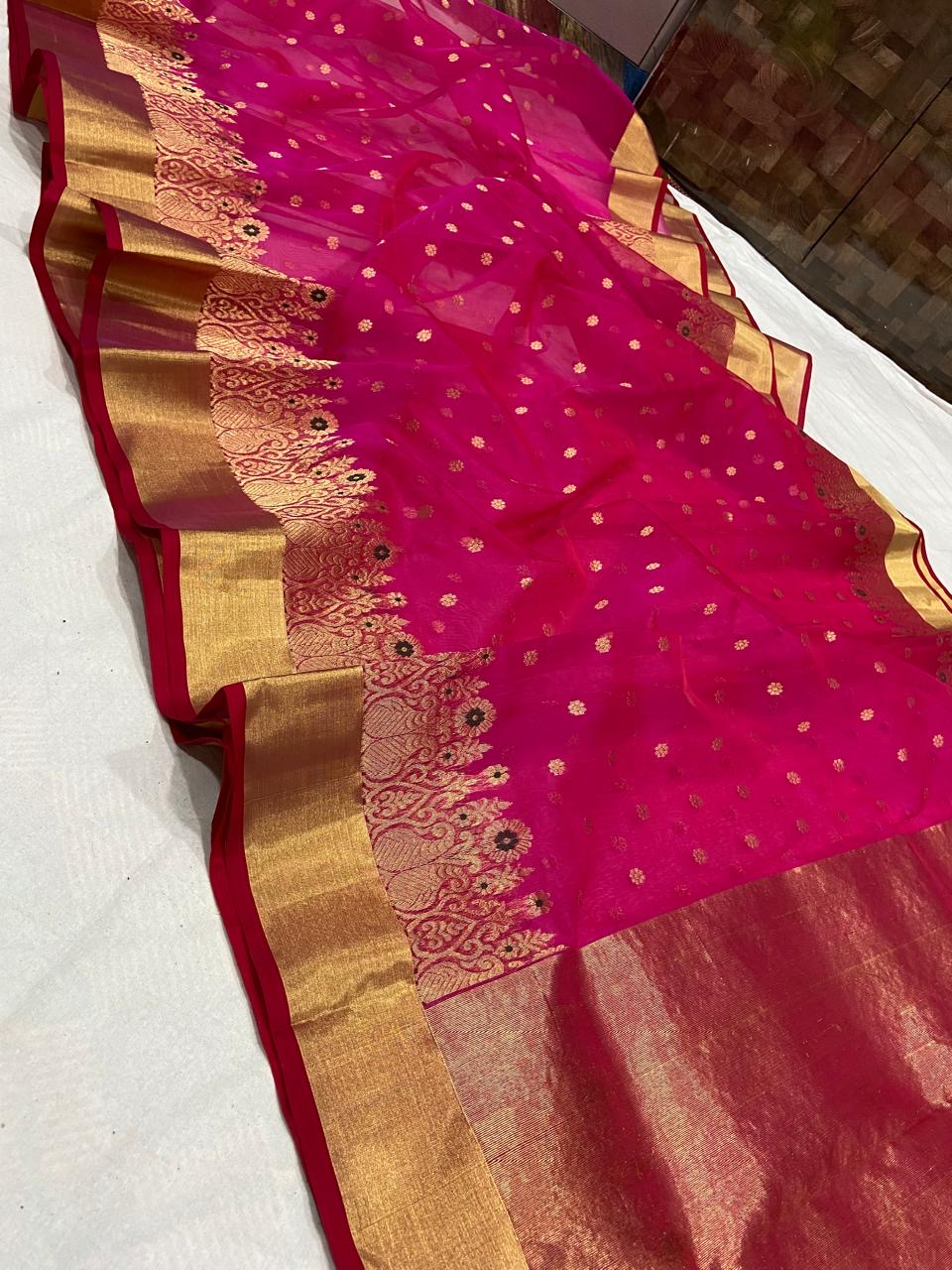 Regal Rani Pink with Gold Zari Buti and border Organza Chanderi Katan Silk Saree - Handloom Chanderi Saree