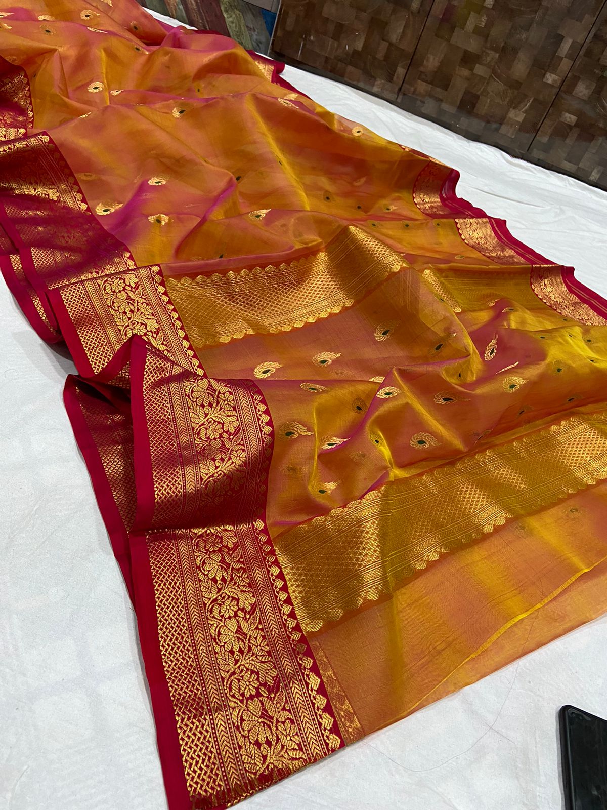 Handwoven Reno Sand Color Organza Chanderi Katan Silk Saree - Authentic Chanderi silk sarees Chanderi Saree