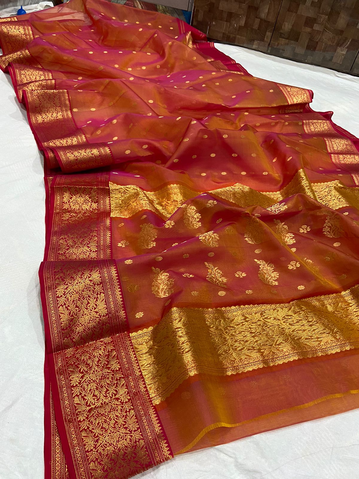 Handwoven Roof Terracotta Color Organza Chanderi Katan Silk Saree - Authentic Chanderi silk sarees Chanderi Saree - View 1