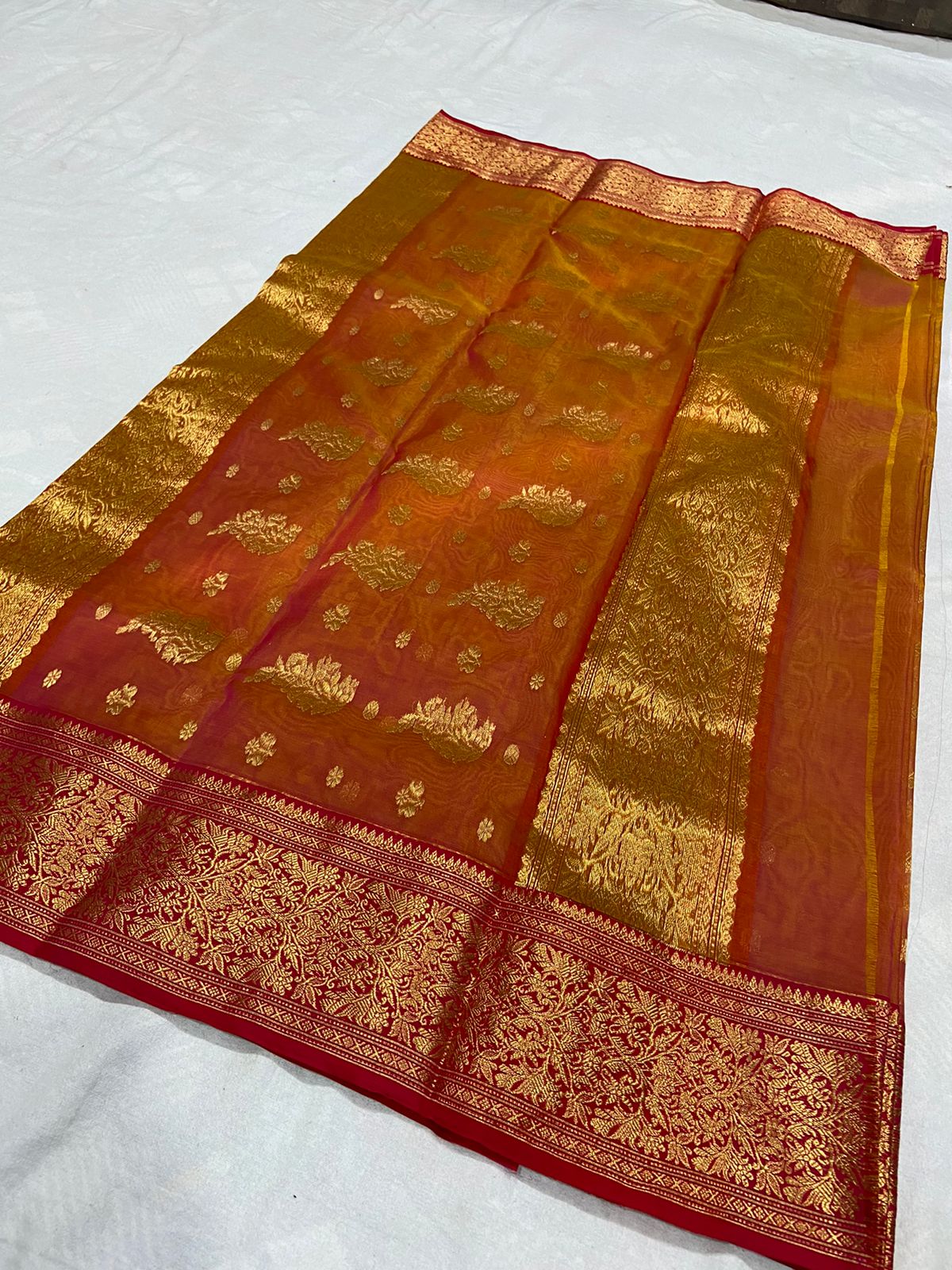 Handwoven Roof Terracotta Color Organza Chanderi Katan Silk Saree - Authentic Chanderi silk sarees Chanderi Saree - View 2