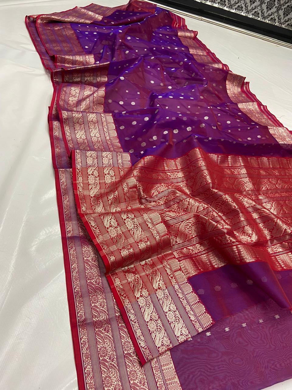 Royal Deep Purple with Grand Red and Gold Zari Border Organza Chanderi Katan Silk Saree - Handloom Chanderi Saree