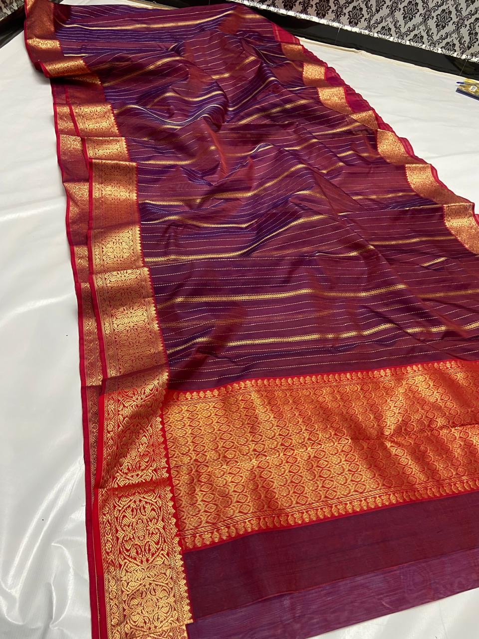 Royal Deep Wine and Maroon with Antique Gold Zari Border and Pallu organza Chanderi Katan Silk Saree - Handloom Chanderi Saree
