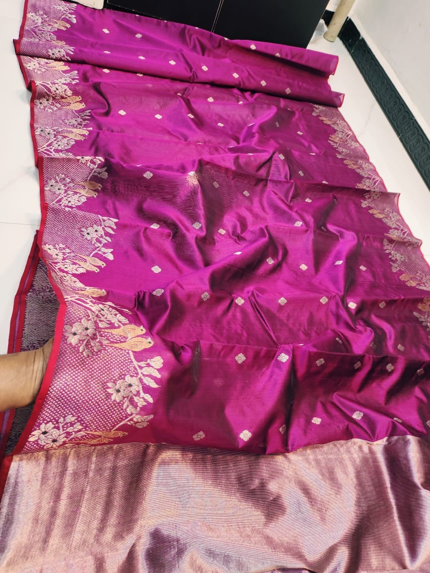 Royal Magenta with Artistic Silver Zari Birds on branch Border Chanderi Pattu Silk Saree - Handloom Chanderi Saree