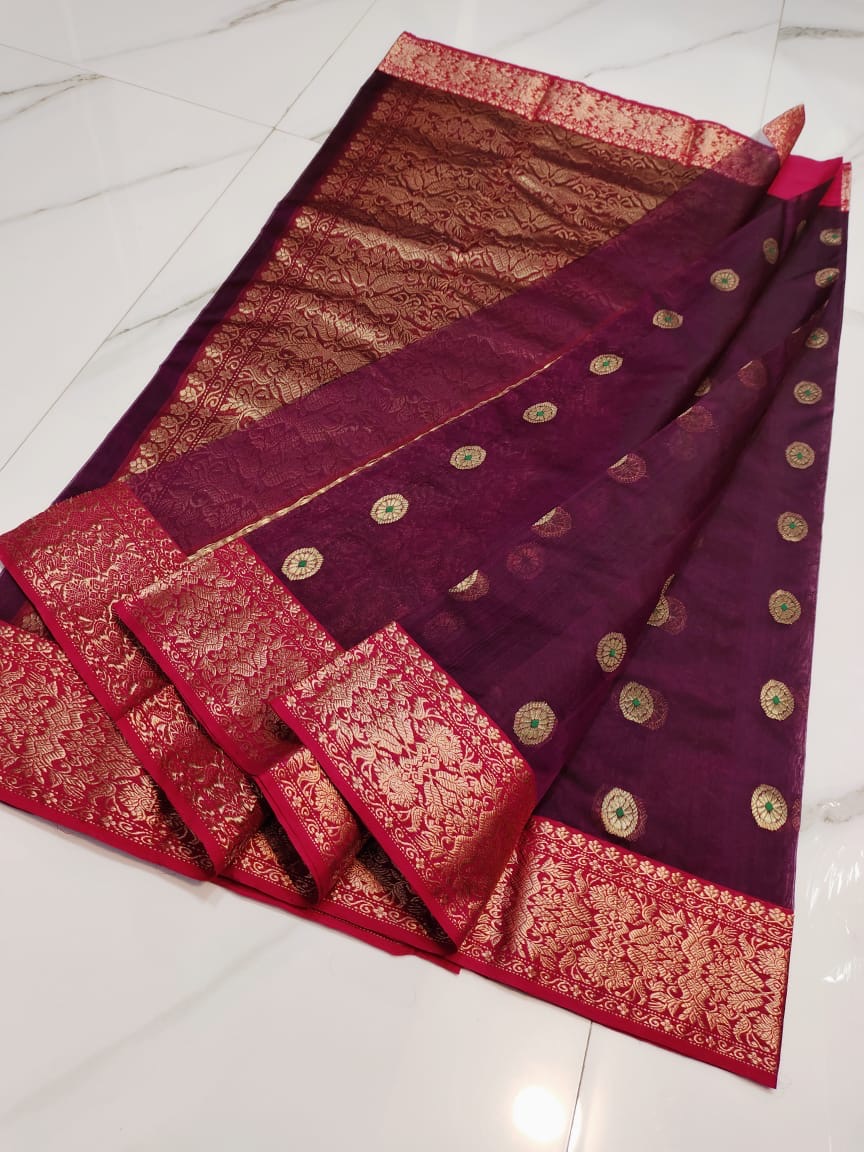 Handwoven Gold Royal Magenta with Gold Ashrafi Buti Organza Chanderi Katan Silk Saree - Authentic Chanderi silk sarees Chanderi Saree - View 2