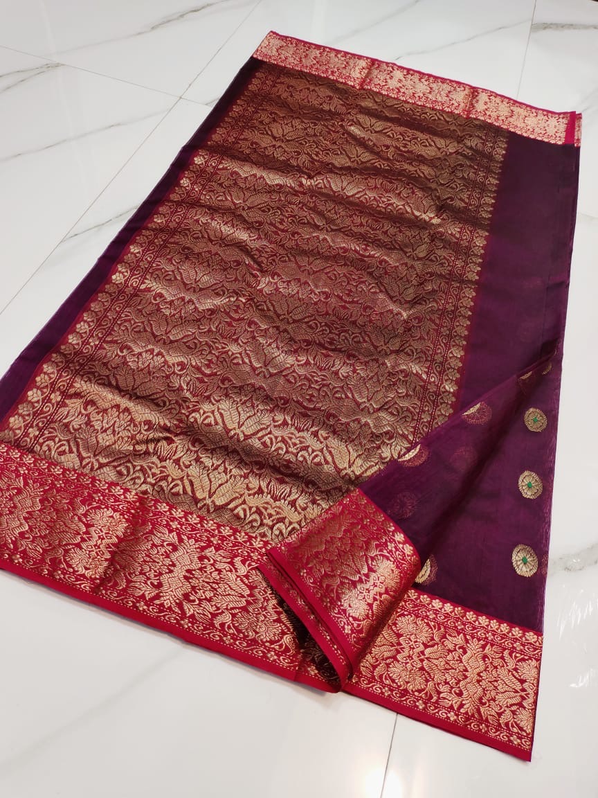Handwoven Gold Royal Magenta with Gold Ashrafi Buti Organza Chanderi Katan Silk Saree - Authentic Chanderi silk sarees Chanderi Saree - View 3