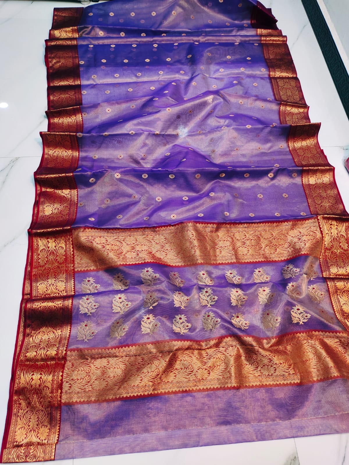 Royal Purple with Gold Zari Border and Floral Butti Work Chanderi Silk Tissue Saree - Handloom Chanderi Saree
