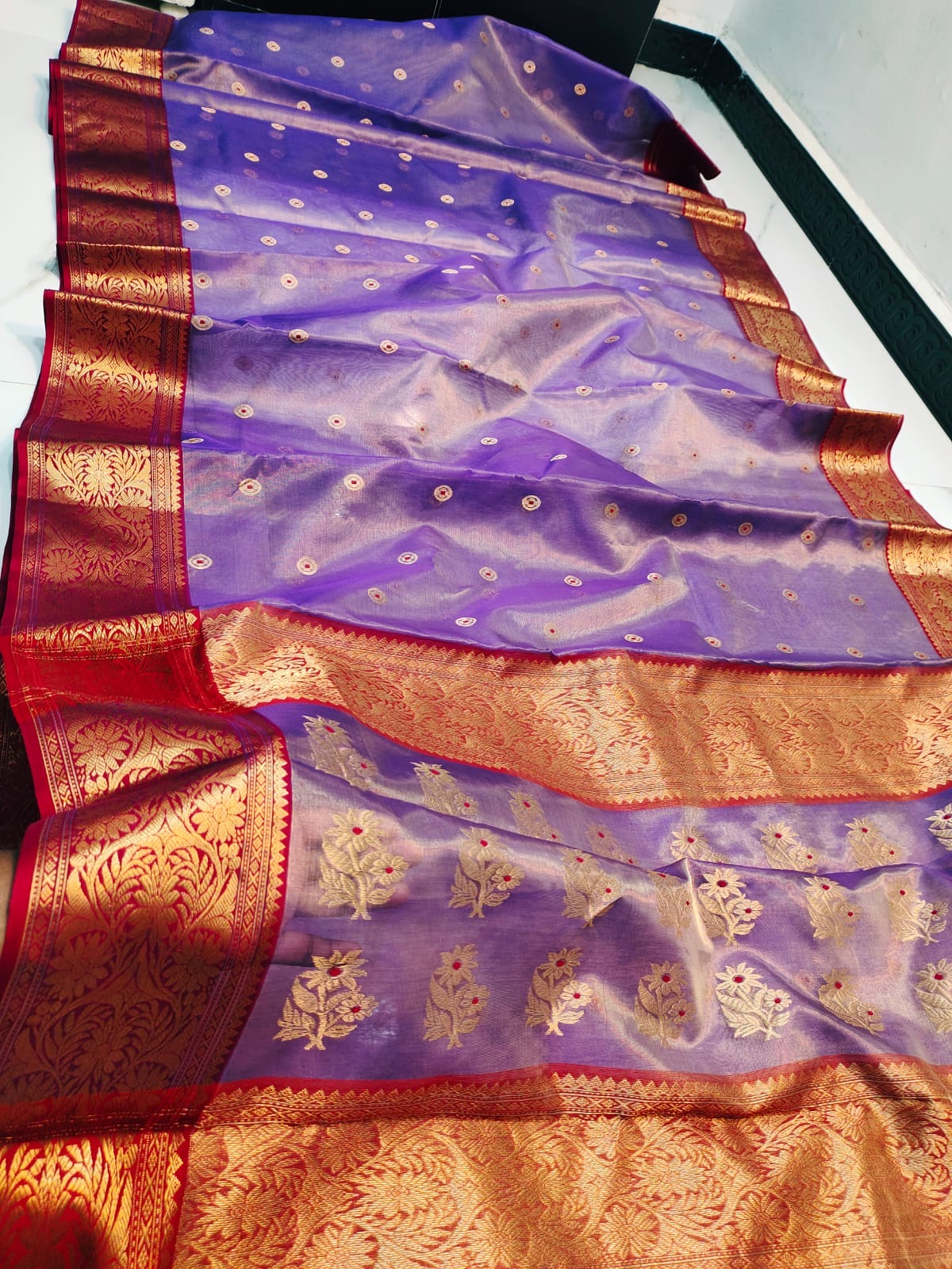 Handwoven Purple Royal Purple with Gold Zari Border and Floral Butti Work Chanderi Silk Tissue Saree - Authentic Tissue Chanderi Saree - View 2