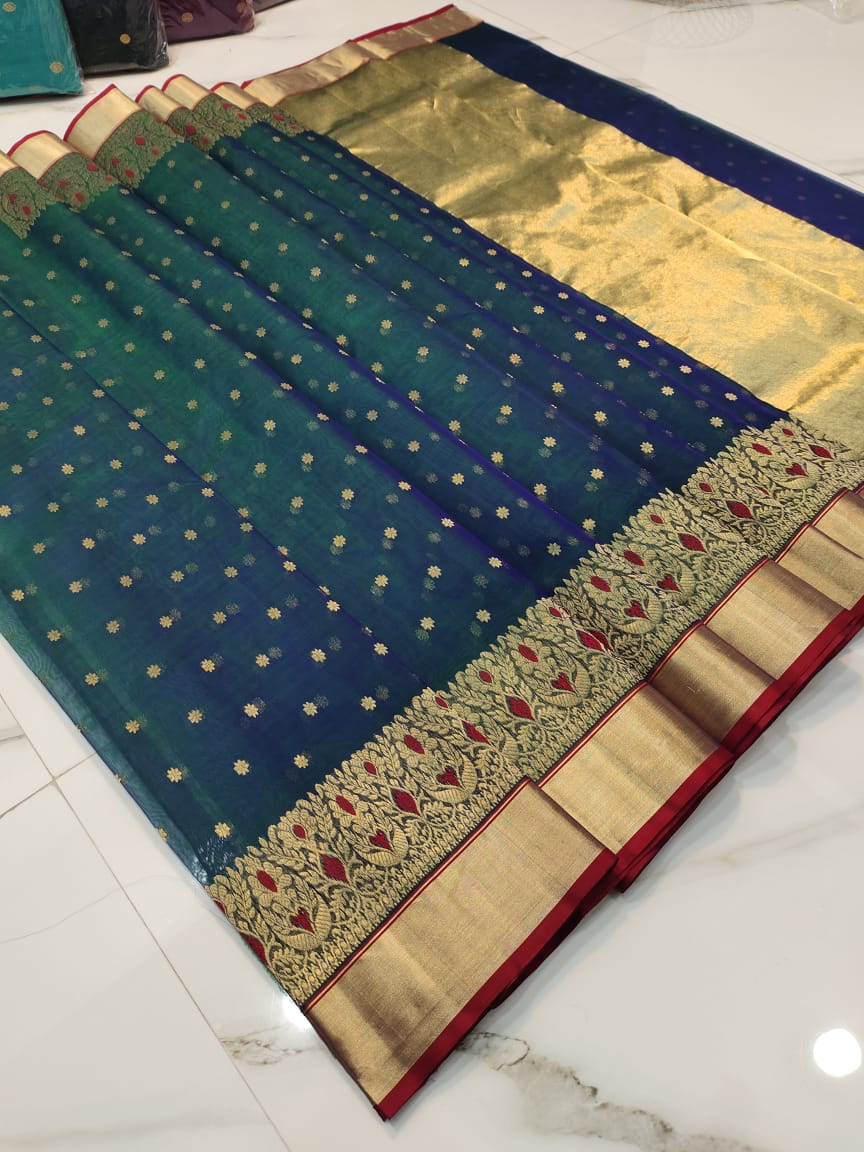 Handwoven San Juan Color Organza Chanderi Katan Silk Saree - Authentic Chanderi silk sarees Chanderi Saree