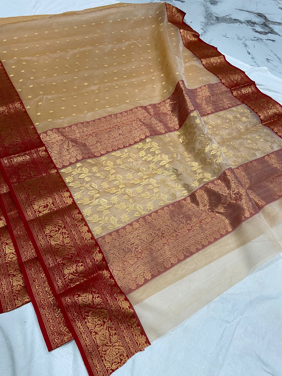 Handwoven Sandal Color Organza Chanderi Katan Silk Saree - Authentic Chanderi silk sarees Chanderi Saree - View 1