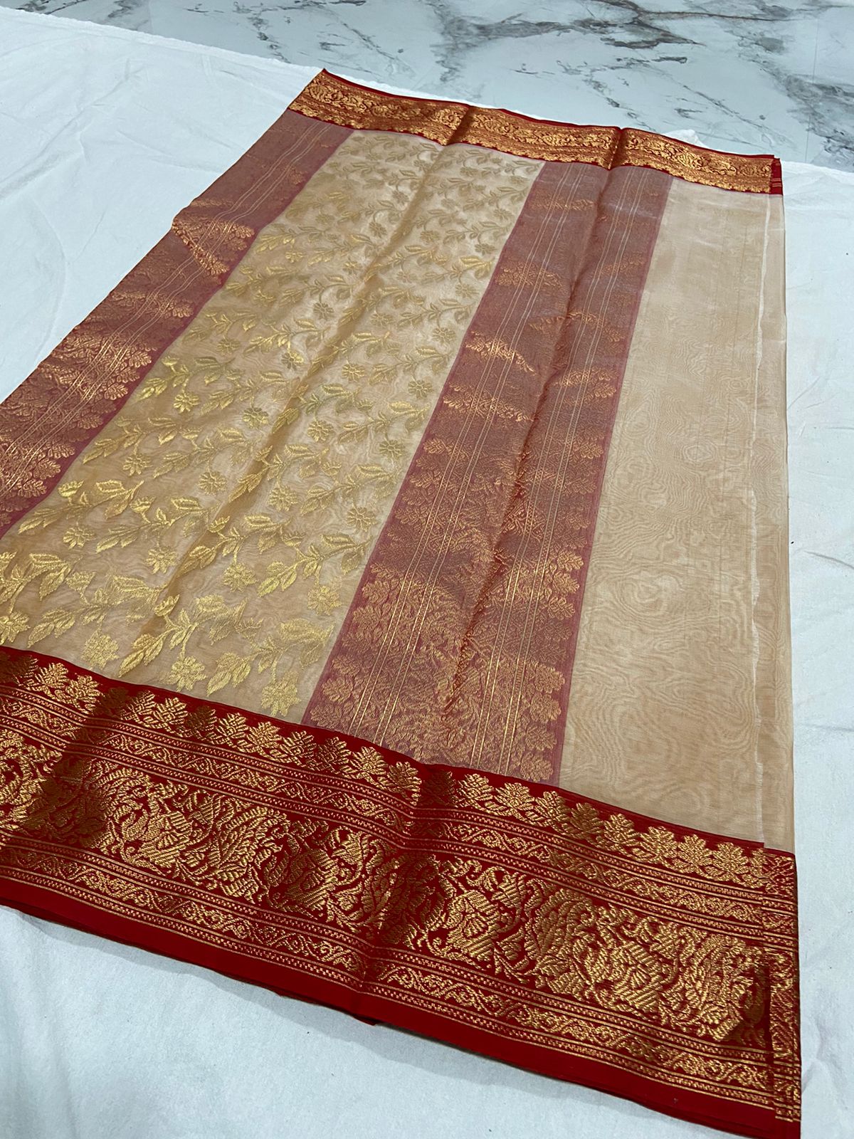 Handwoven Sandal Color Organza Chanderi Katan Silk Saree - Authentic Chanderi silk sarees Chanderi Saree - View 2