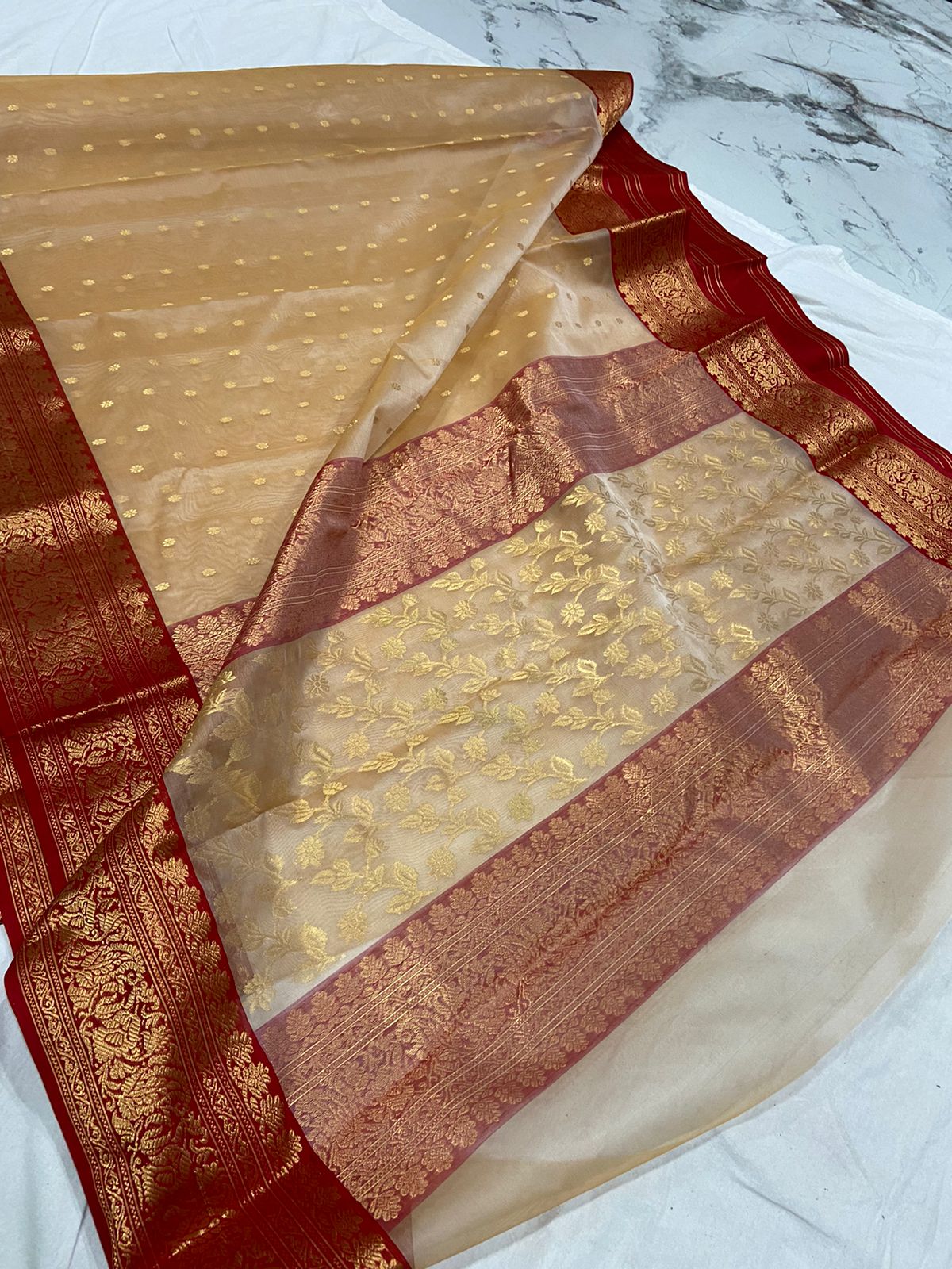Handwoven Sandal Color Organza Chanderi Katan Silk Saree - Authentic Chanderi silk sarees Chanderi Saree - View 3