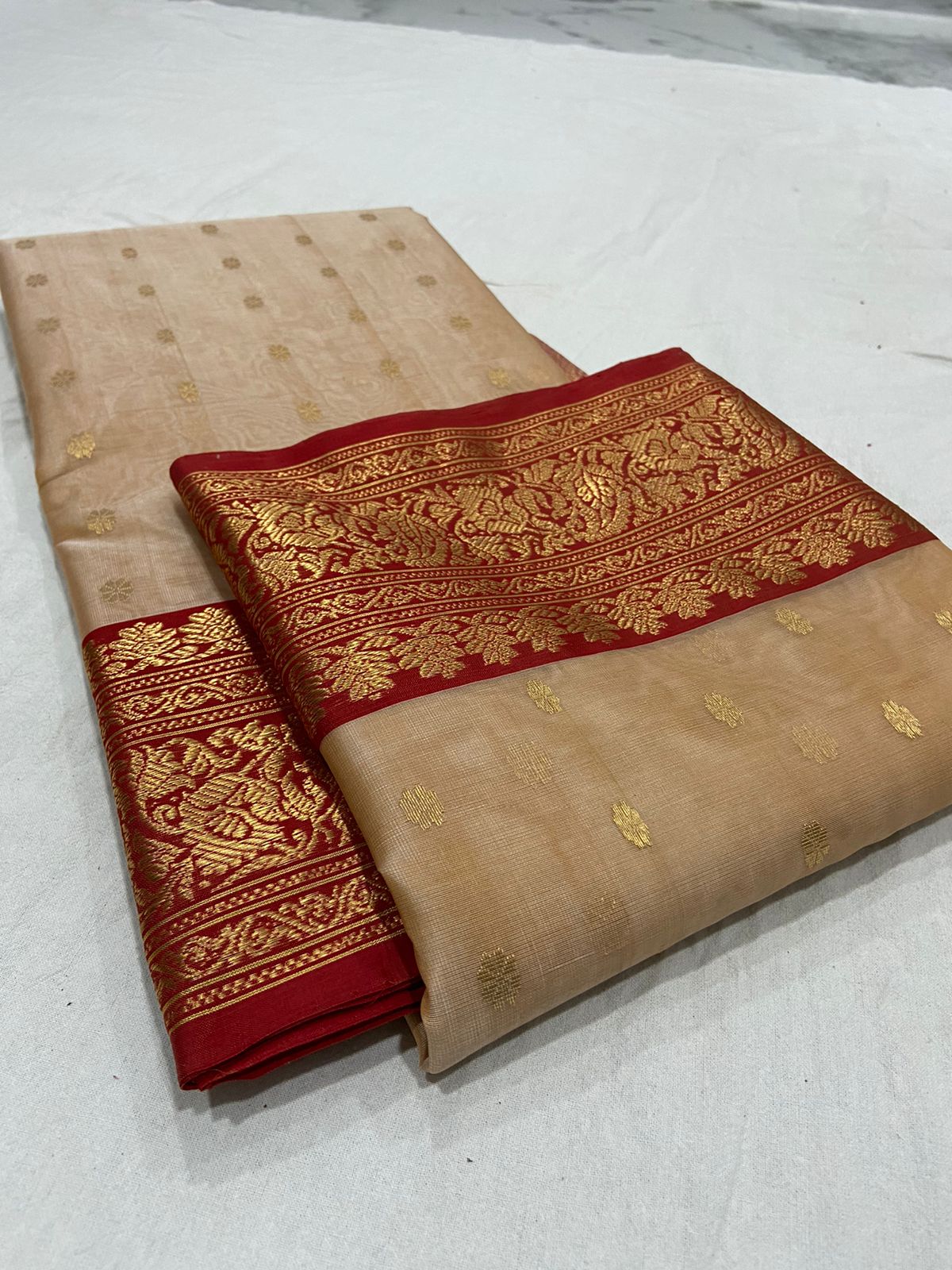 Handwoven Sandal Color Organza Chanderi Katan Silk Saree - Authentic Chanderi silk sarees Chanderi Saree - View 4