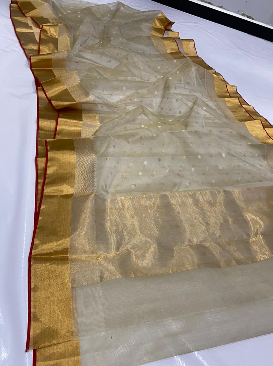Handwoven Sandstone Color Organza Chanderi Katan Silk Saree - Authentic Chanderi silk sarees Chanderi Saree