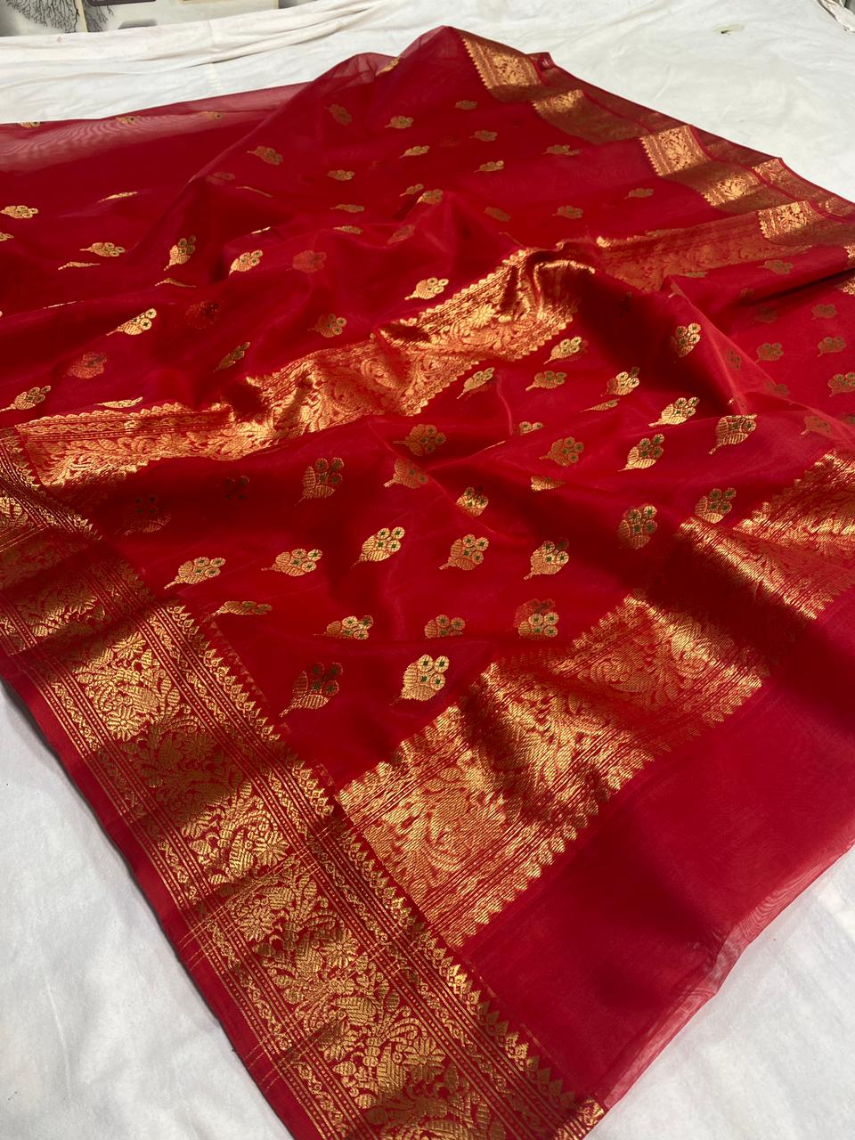 Handwoven Sangria Color Organza Chanderi Katan Silk Saree - Authentic Chanderi silk sarees Chanderi Saree - View 1