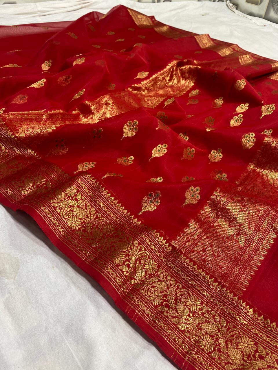 Handwoven Sangria Color Organza Chanderi Katan Silk Saree - Authentic Chanderi silk sarees Chanderi Saree - View 3