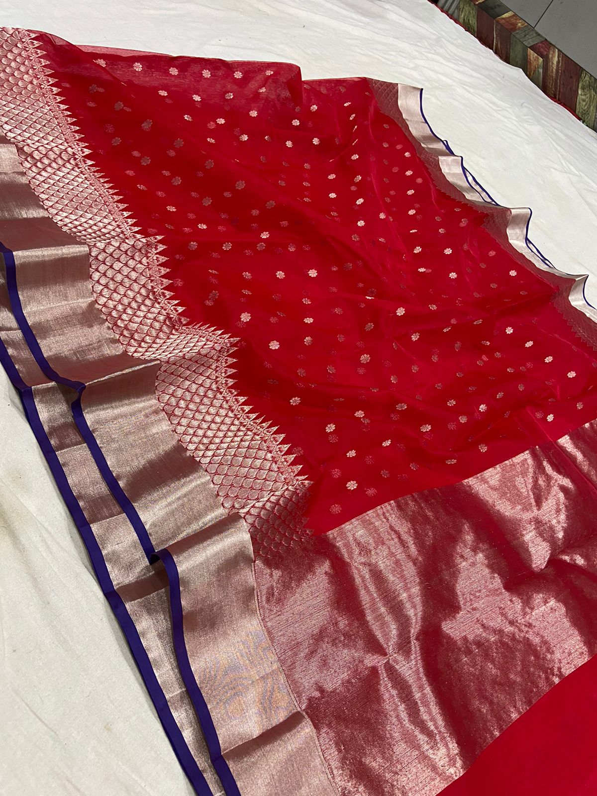 Handwoven Scarlett Color Organza Chanderi Katan Silk Saree - Authentic Chanderi silk sarees Chanderi Saree - View 1