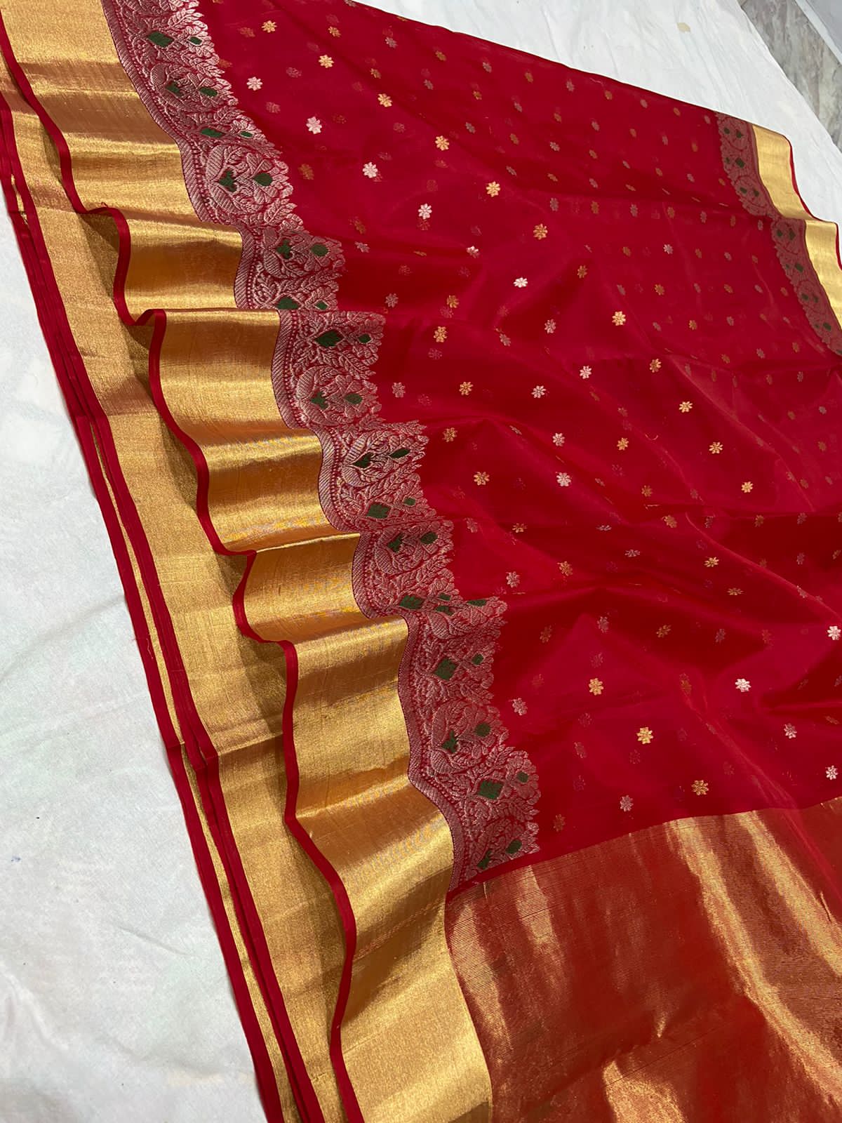 Handwoven Scarlett Color Organza Chanderi Katan Silk Saree - Authentic Chanderi silk sarees Chanderi Saree
