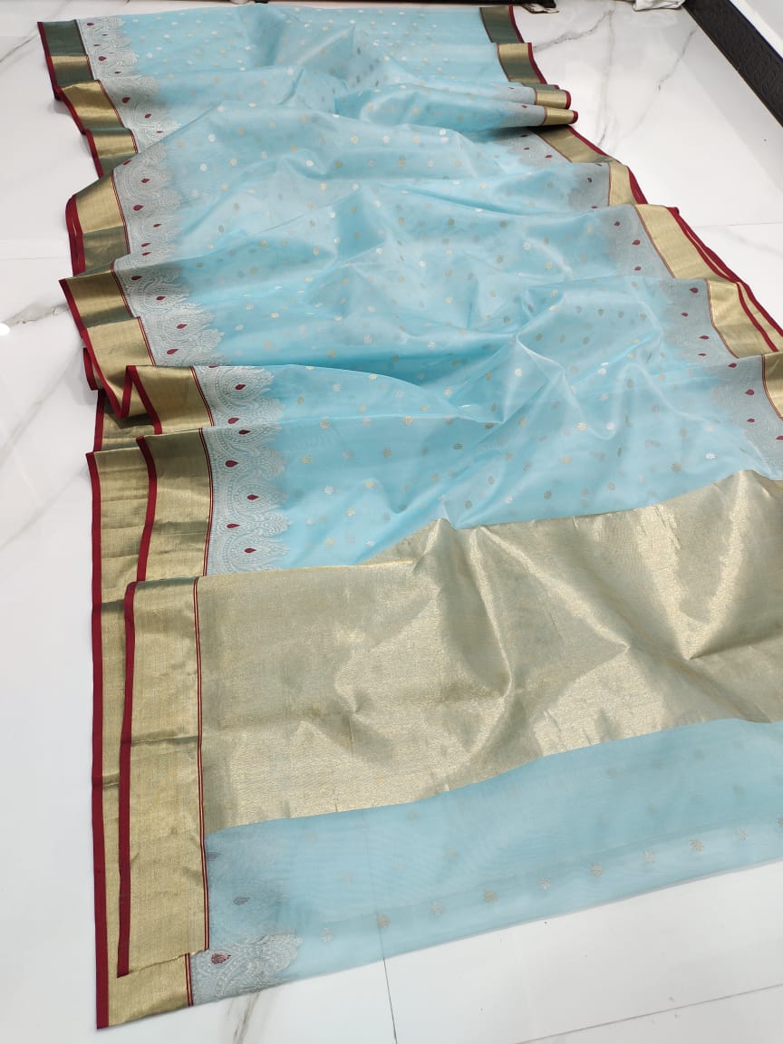 Handwoven Green Shadow Green Color Organza Chanderi Katan Silk Saree - Authentic Chanderi silk sarees Chanderi Saree