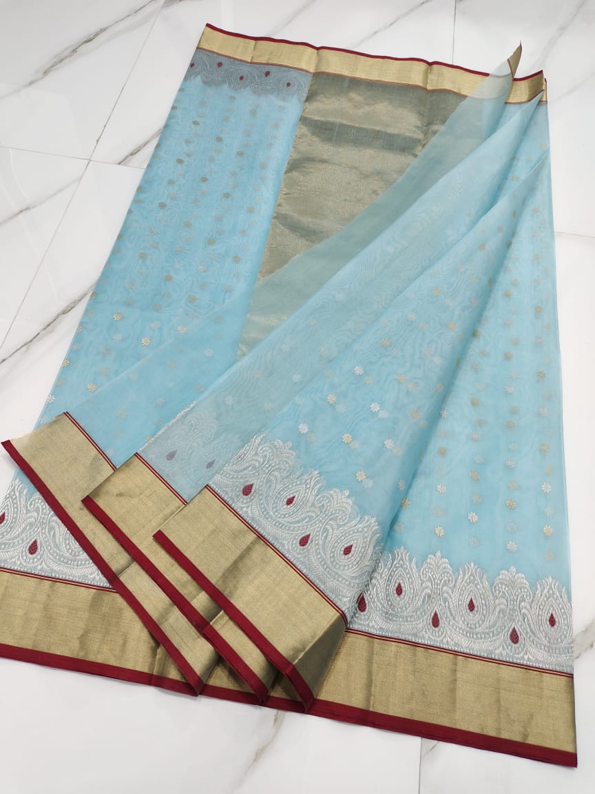 Handwoven Green Shadow Green Color Organza Chanderi Katan Silk Saree - Authentic Chanderi silk sarees Chanderi Saree - View 2