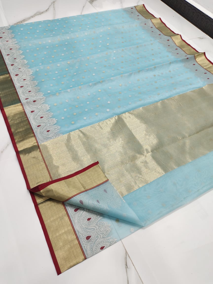 Handwoven Green Shadow Green Color Organza Chanderi Katan Silk Saree - Authentic Chanderi silk sarees Chanderi Saree - View 3